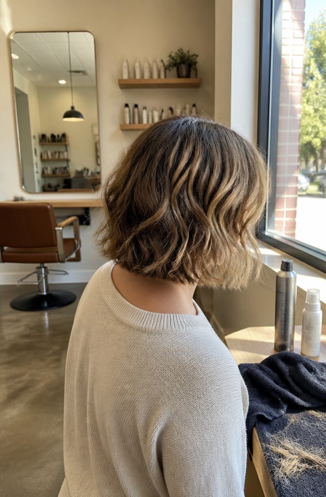 Short tousled layers with dimensional highlights over a darker base