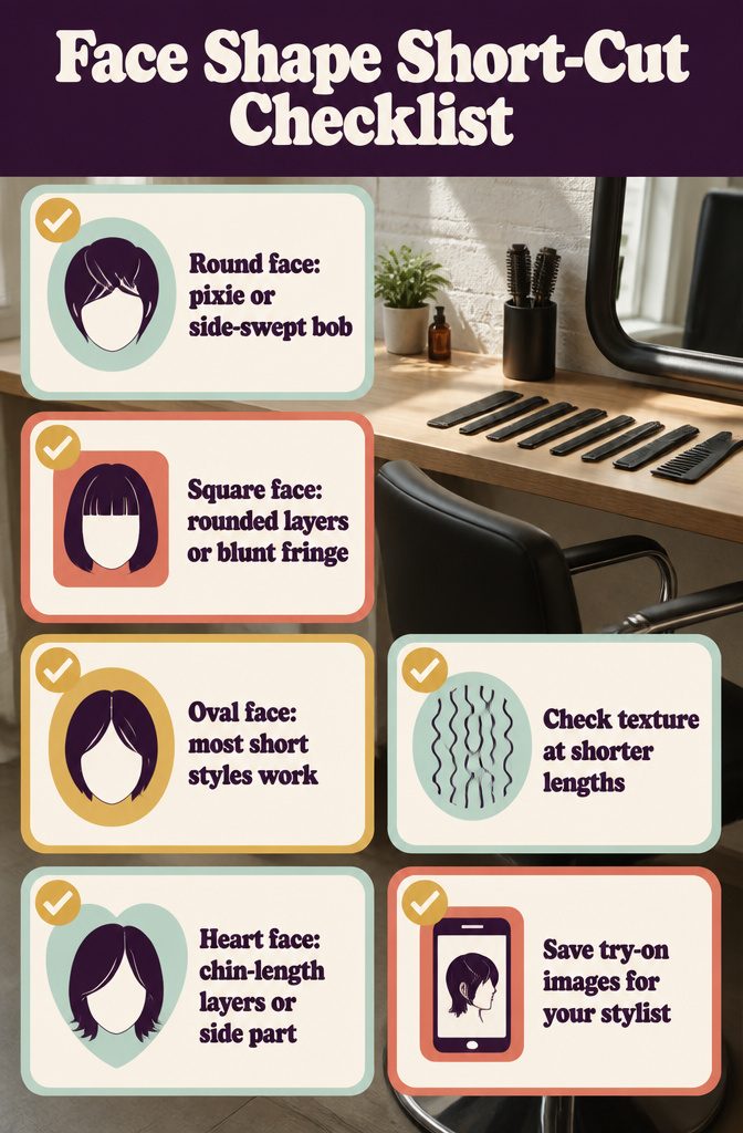 Beauty infographic titled Face Shape Short-Cut Checklist