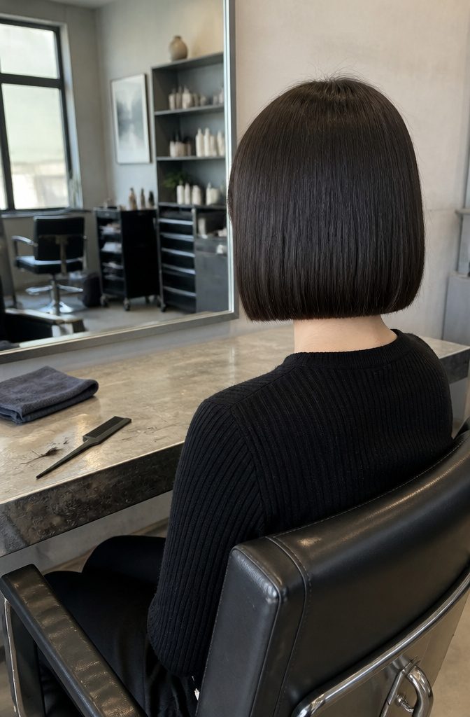 Smooth blunt bob with straight center part and even ends