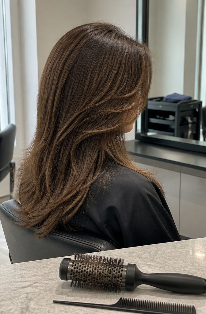 Short haircut with an off-center part and long side-swept bangs