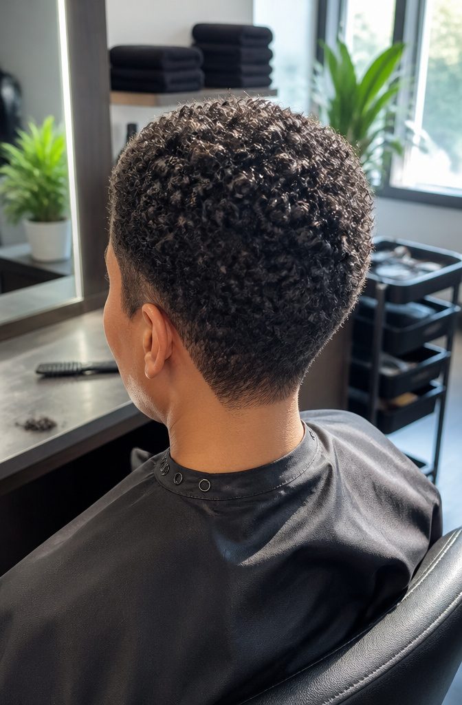 Natural hair pixie with short sides and curls left longer on top