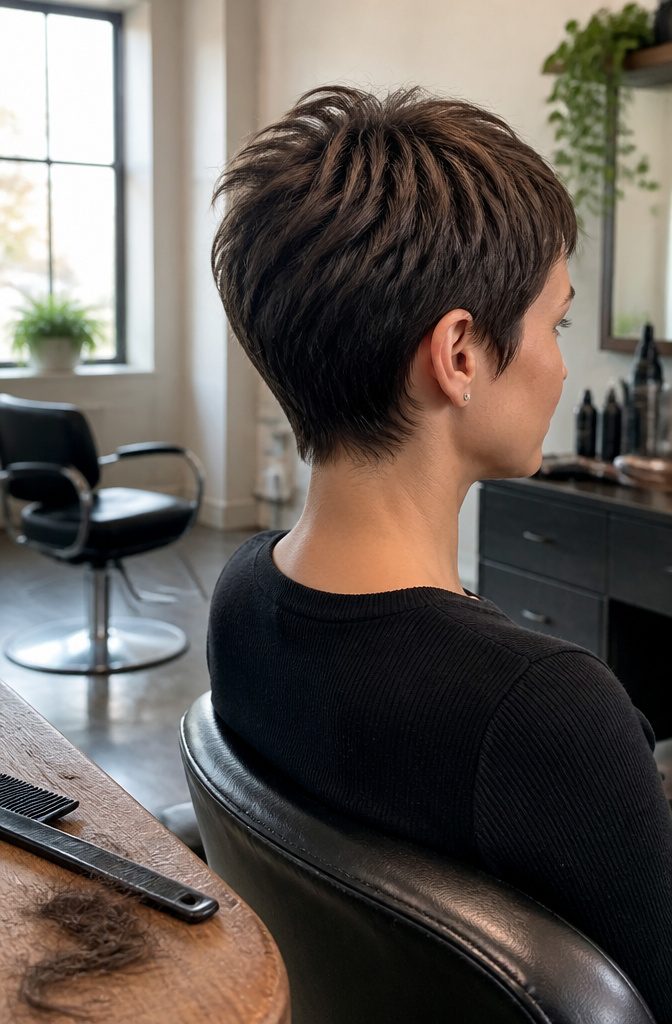 Short pixie haircut with distinct choppy layers around the head