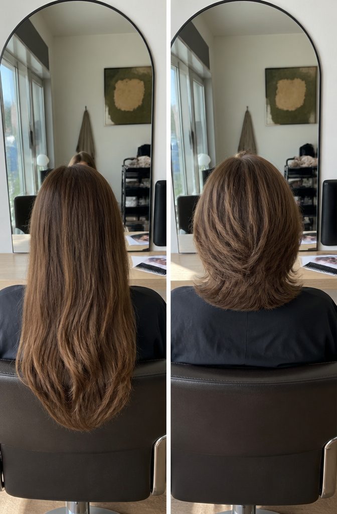 Short layered haircut with pieces around the cheekbones and jaw