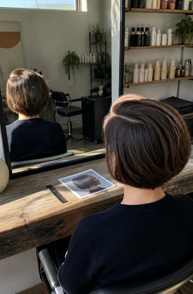 Freshly shortened bob with deep side part and smooth roots