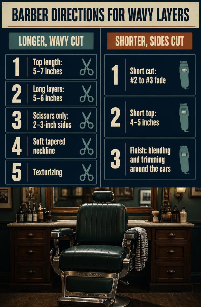 Barber directions graphic with wavy layers and scissor-cut sides