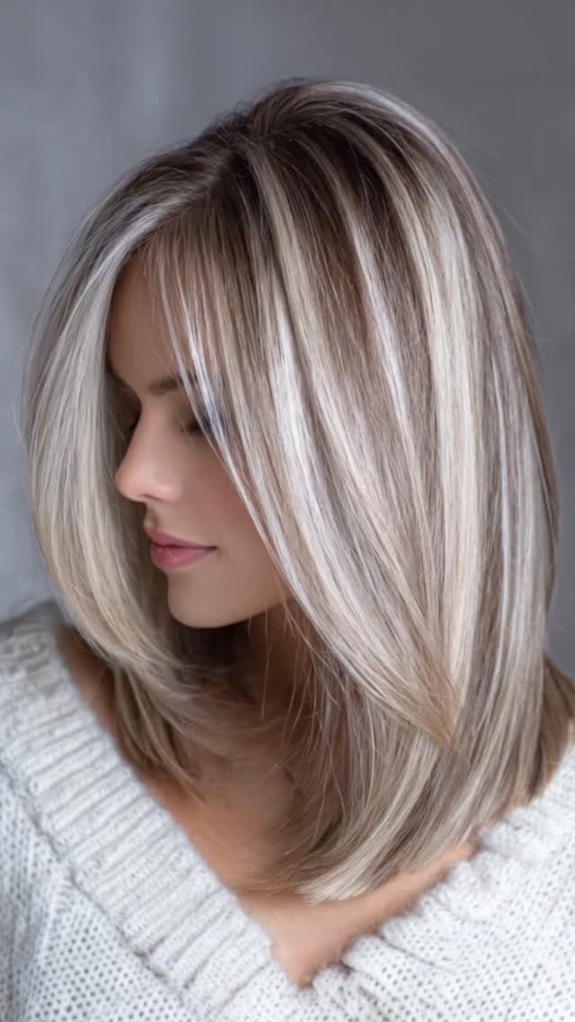 Shoulder-length layered bob with bright blonde highlights and darker roots