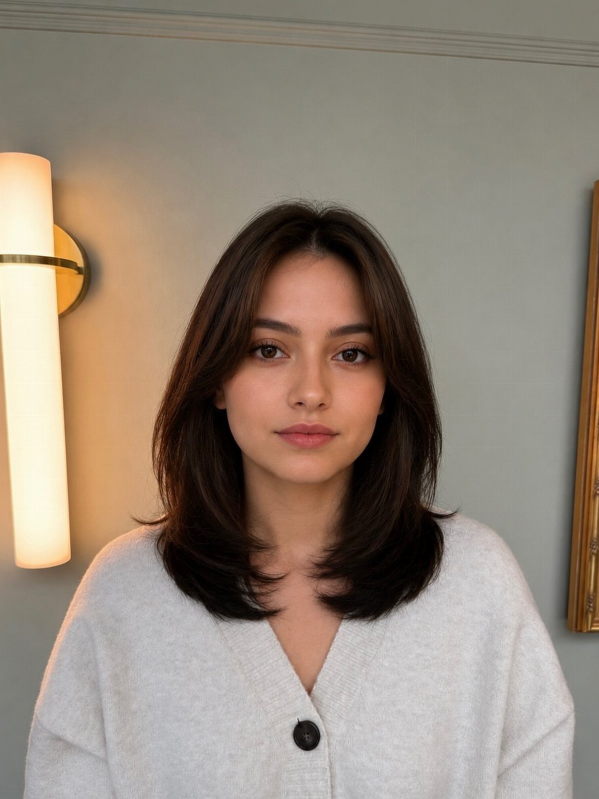 Woman showing dark, layered shoulder-length hair with softly curled-under ends