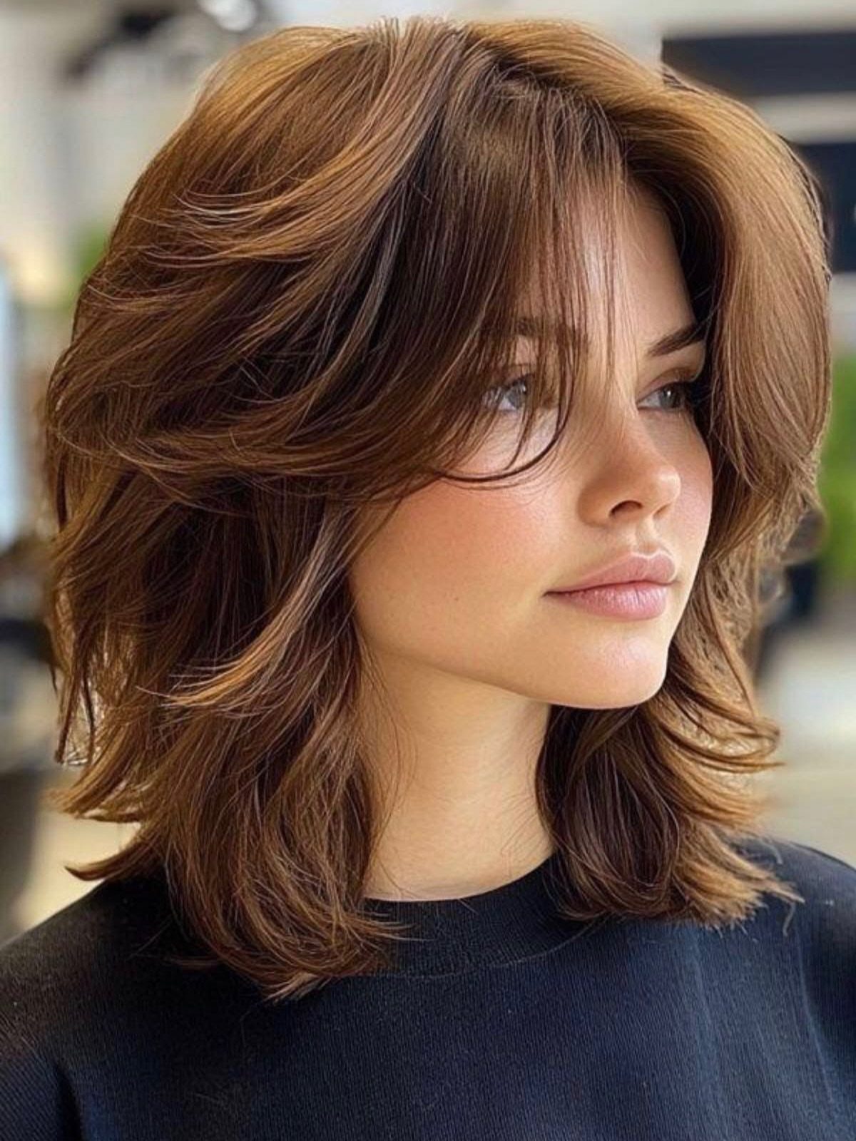 Woman with layered wavy brown hair and long face-framing pieces
