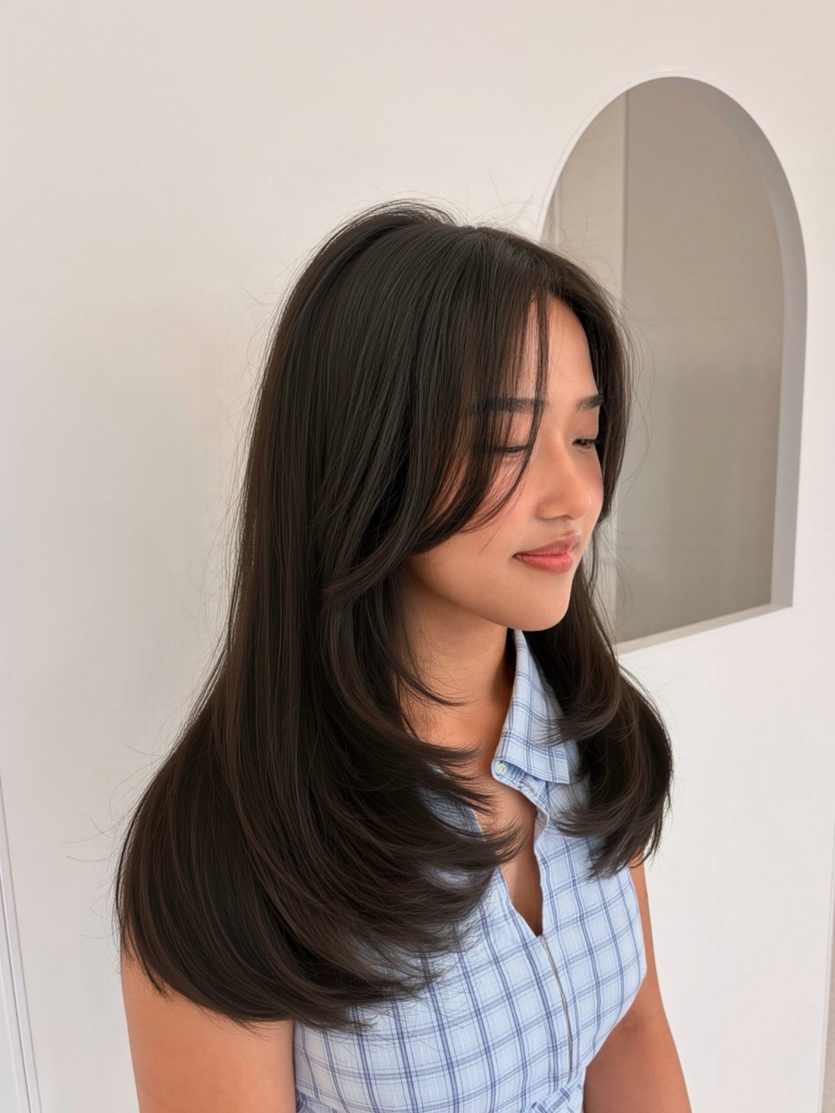 Woman with glossy dark brown shoulder-length face-framing layers and curtain-like bangs