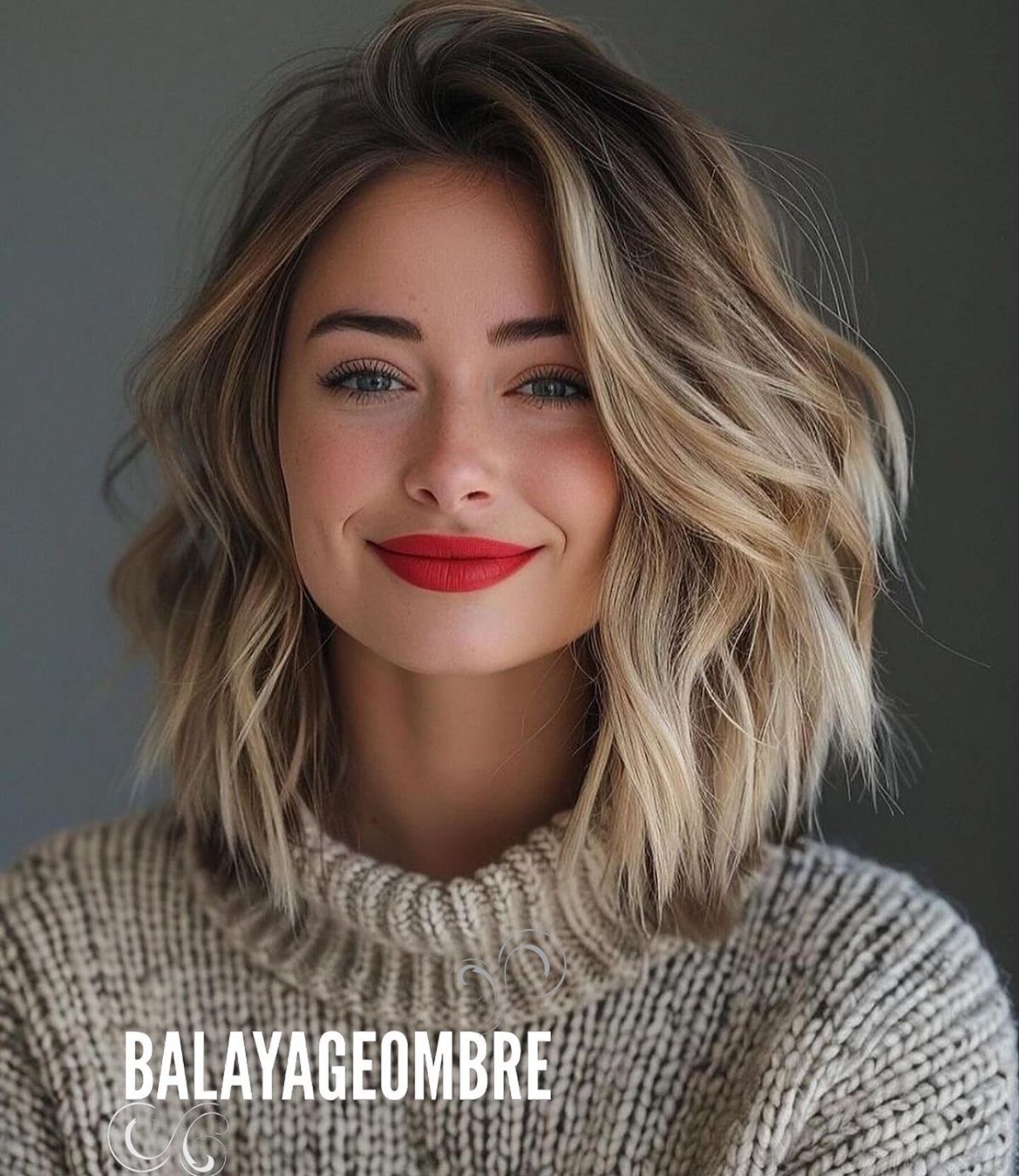 Woman with a highlighted wavy lob and dark roots, posing in a gray knit sweater