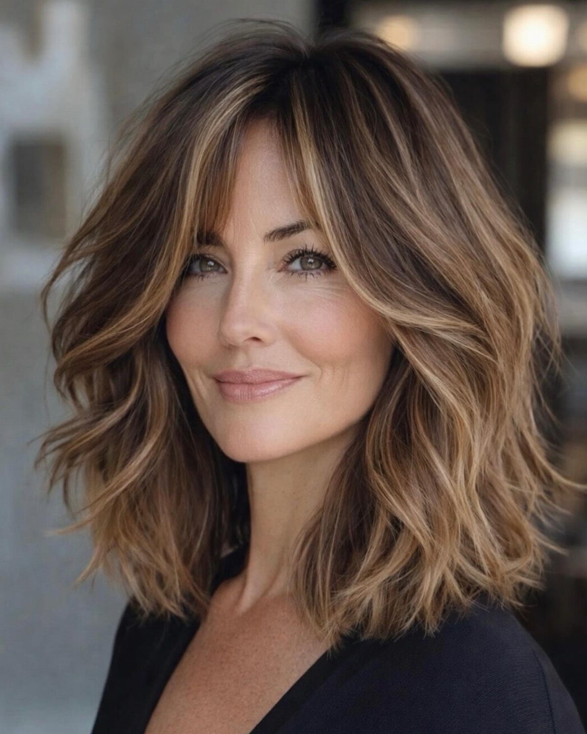Woman with a layered shoulder-length lob, loose waves, and side-swept bangs