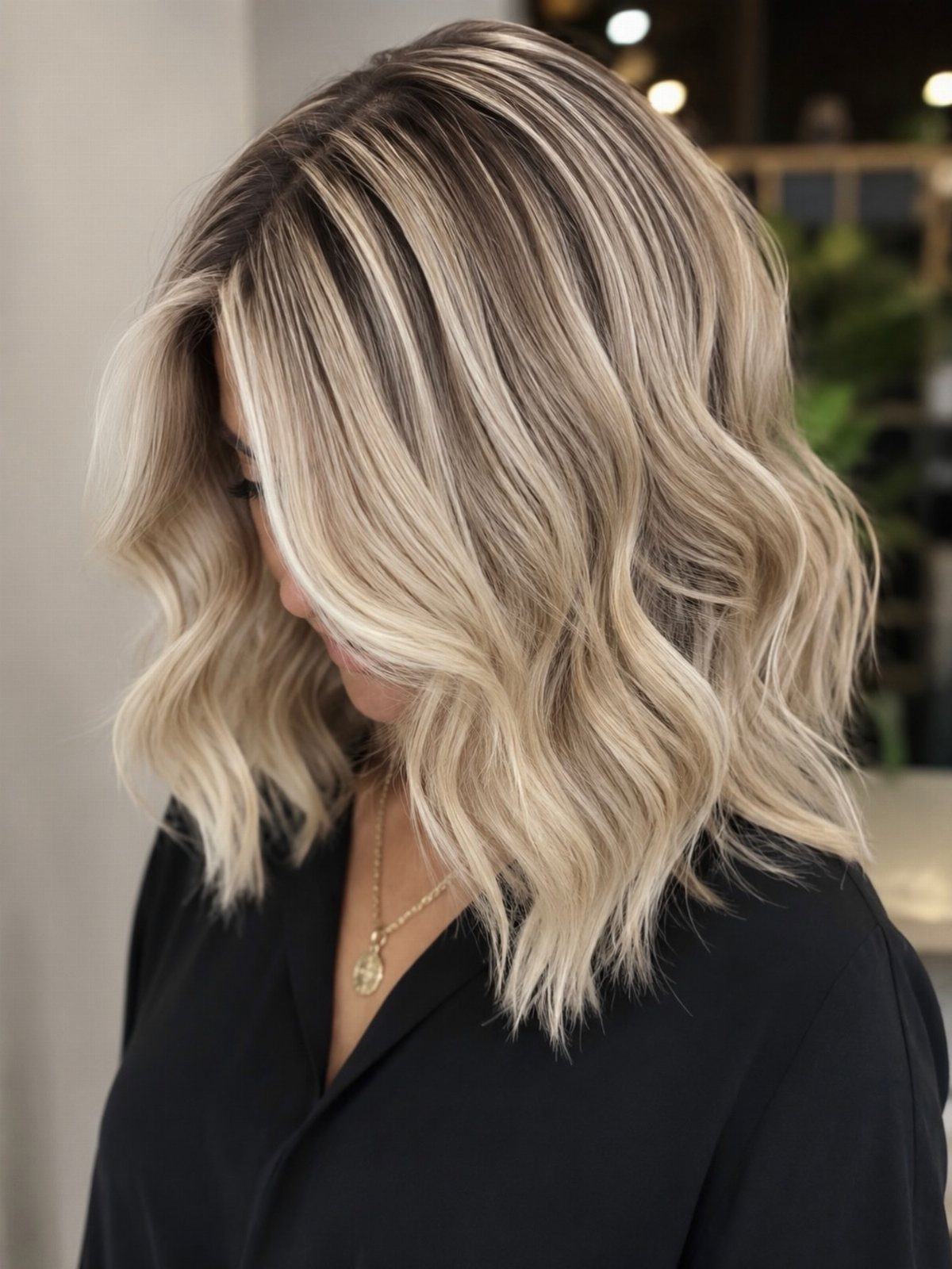 Shoulder-length blonde hair with dark roots styled in soft, loose waves