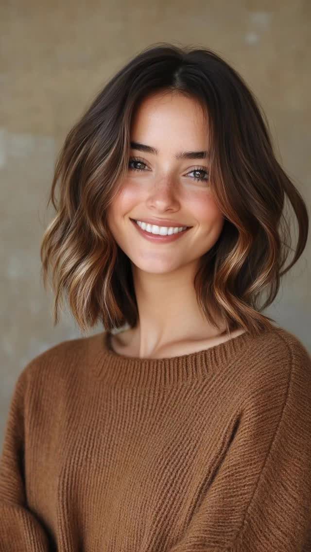 Smiling woman showing shoulder-length textured layers with wavy, piecey ends