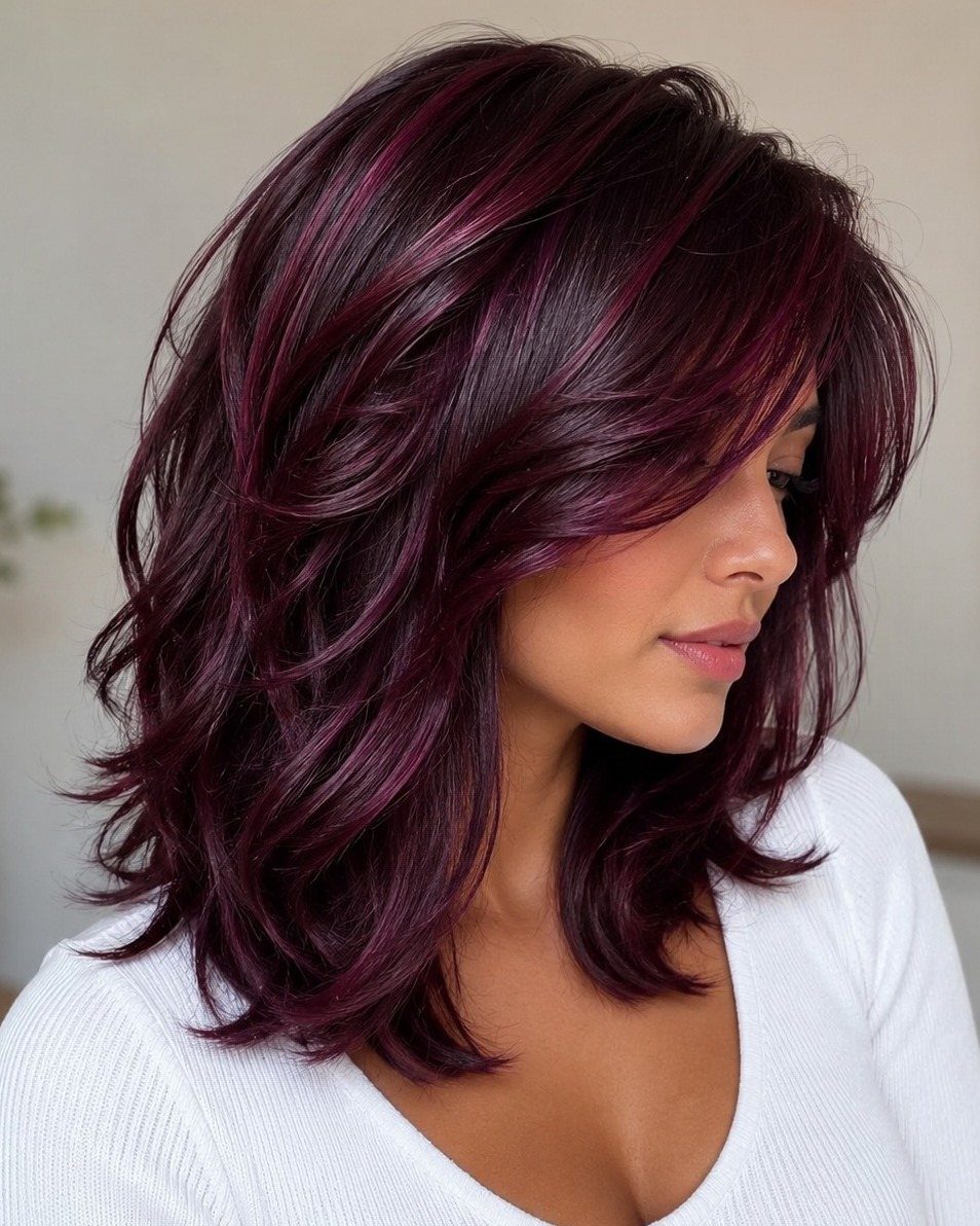 Woman showing a shoulder-length brunette shag with deep burgundy highlights