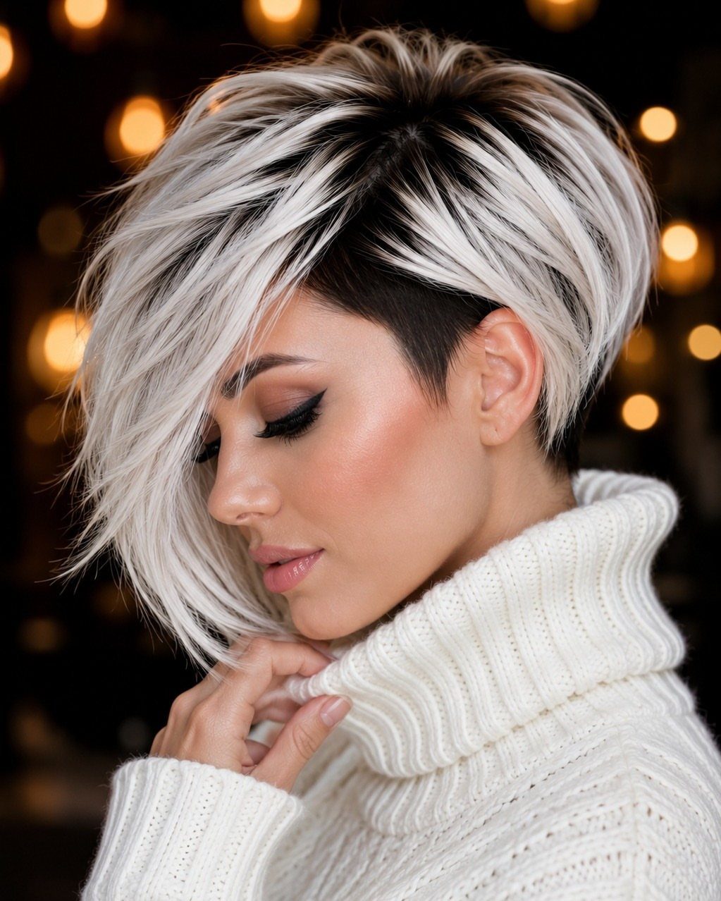 Platinum blonde shag with dark shadow roots and sweeping layers