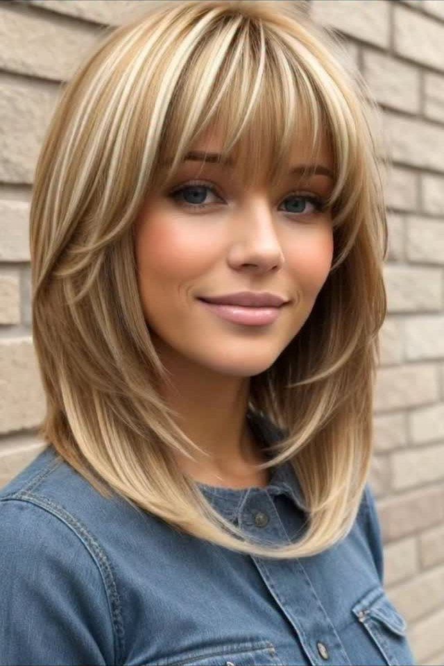 Woman with a blonde layered shoulder-length shag, wispy bangs and face-framing pieces