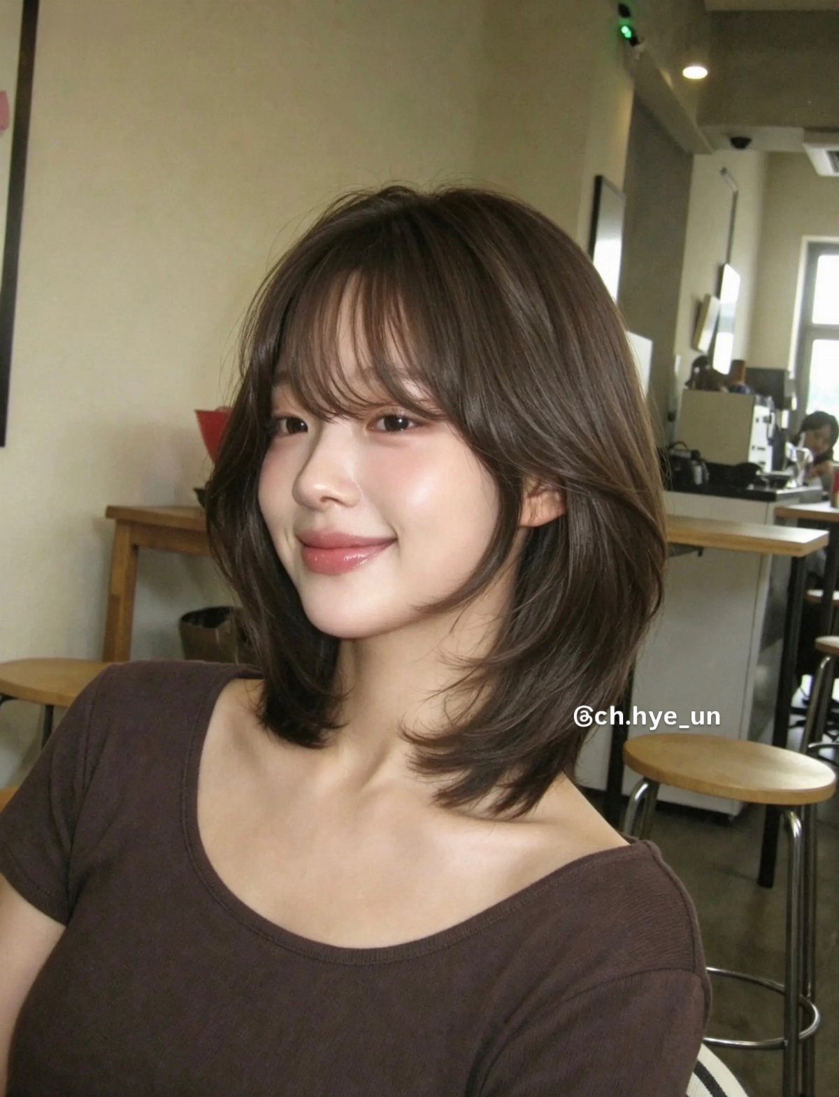 Woman showing shoulder-length layered brown hair with wispy bangs in a salon