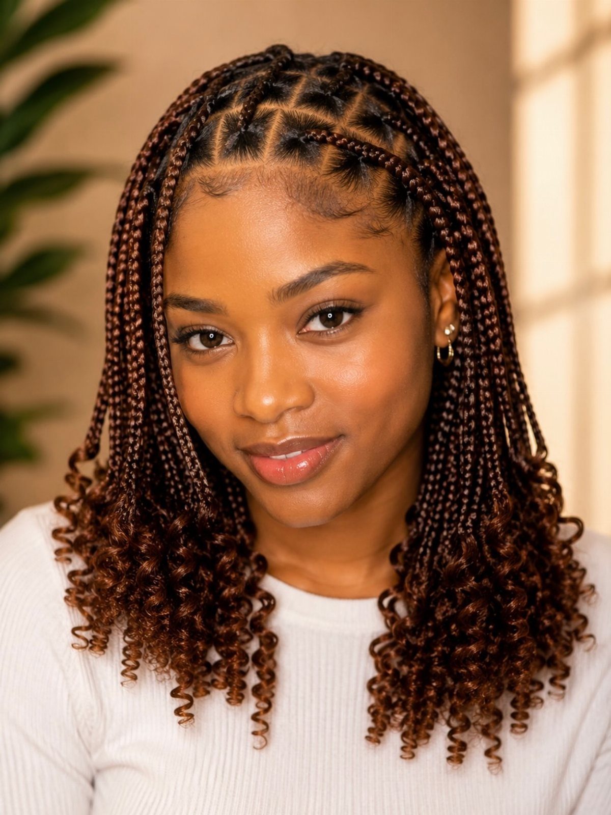 Woman with medium-length braids and curled ends wearing a white top