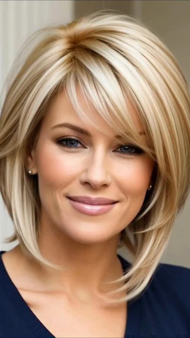 Woman with a blonde shoulder-length haircut featuring soft layers and side-swept bangs