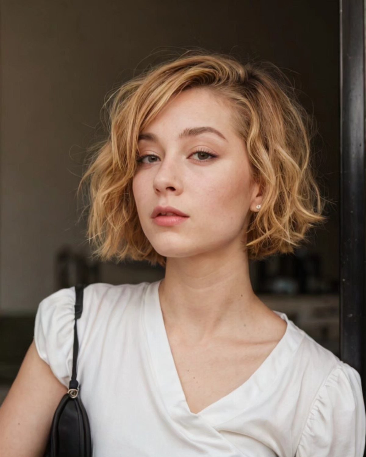 Woman with a chin-length blonde bob styled in loose, relaxed waves