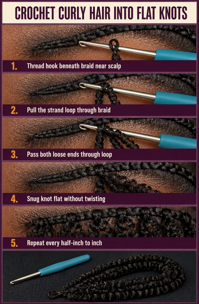 Crochet hook attaching curly hair to a flat base braid