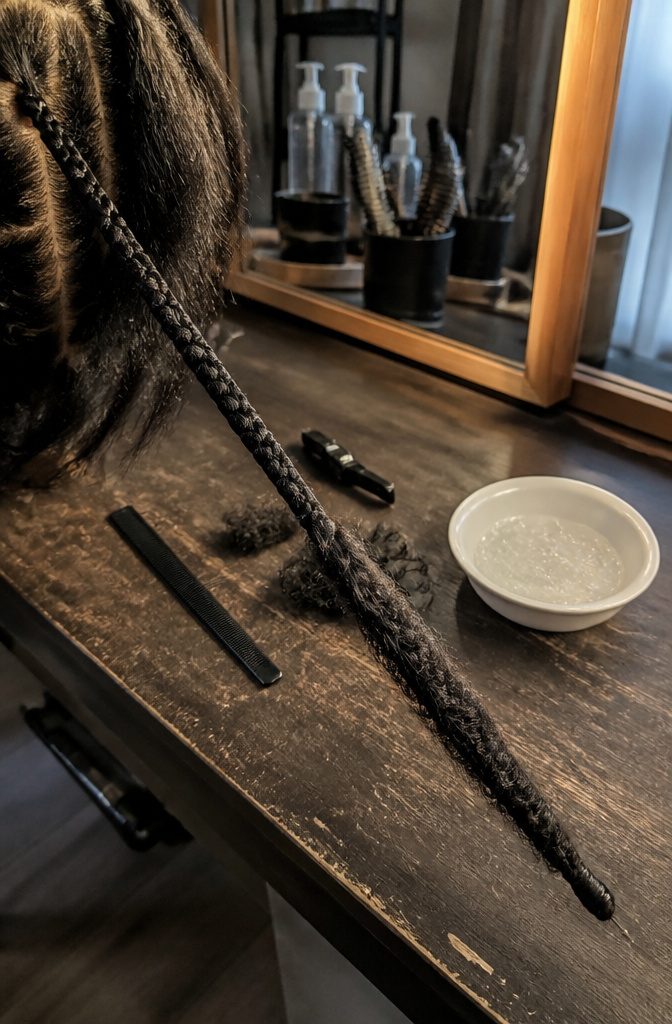 Three-strand braid continuing through crochet hair extension to a wrapped tip