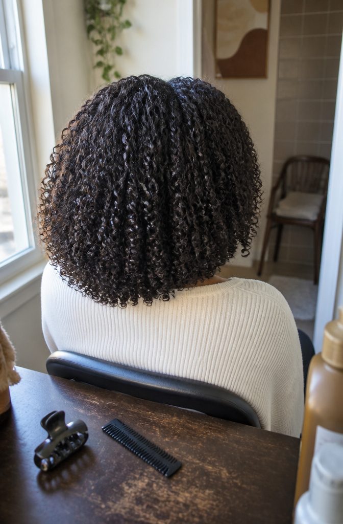 Defined curly bob with one finger-coiled curl among blended curls