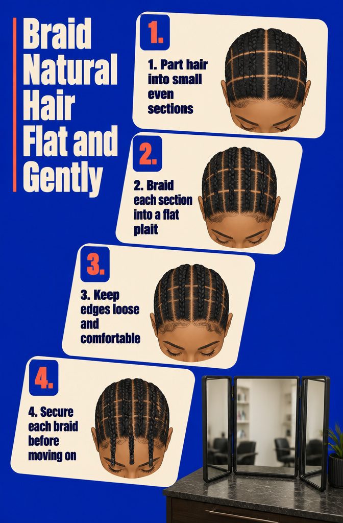 Natural hair divided into small sections and braided into flat plaits