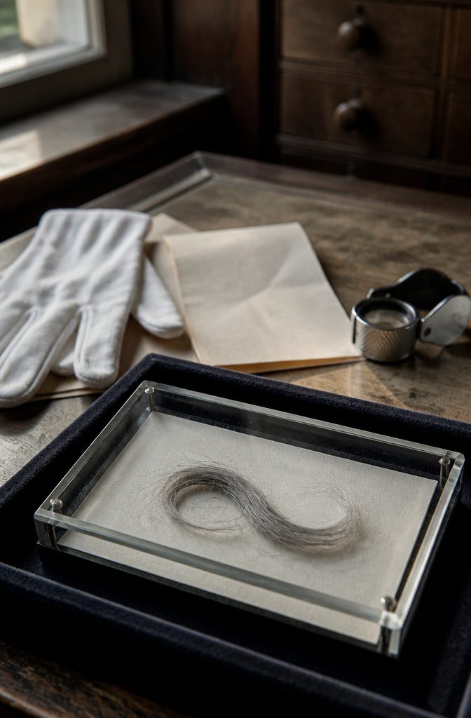 Grey lock of Napoleon hair displayed for an auction article