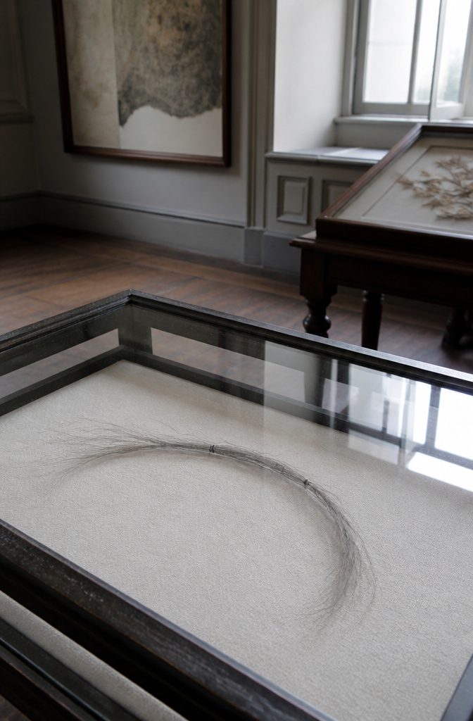 Grey Napoleon hair strand lying in a glass display case