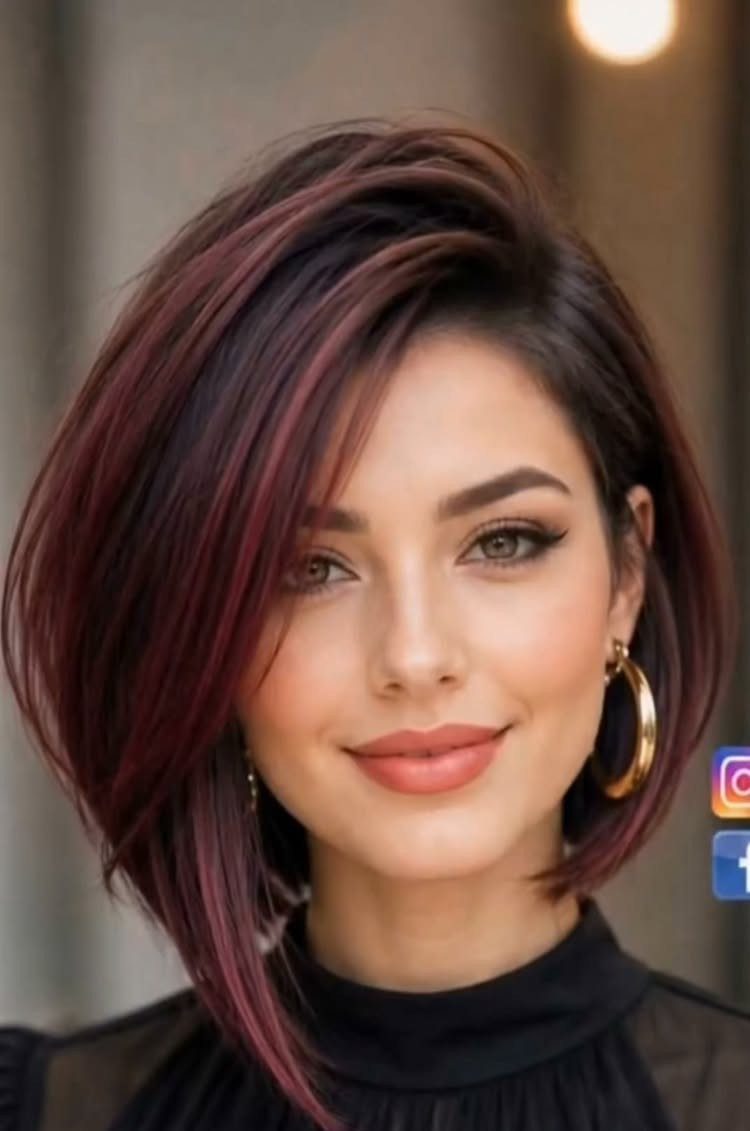 Woman wearing a side-parted asymmetrical bob with burgundy-highlighted dark hair