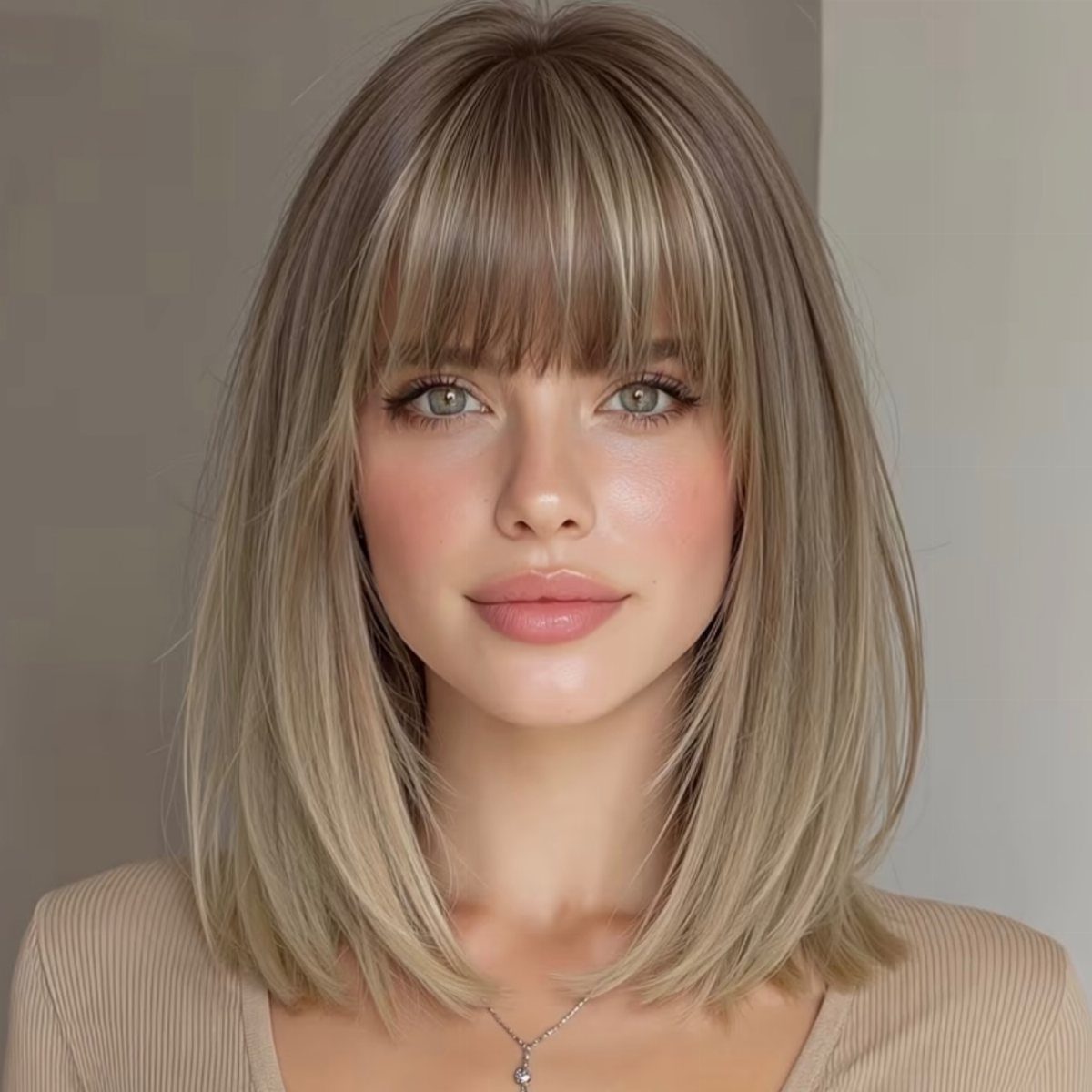 Woman with blonde shoulder-length hair and straight blunt bangs against a gray background