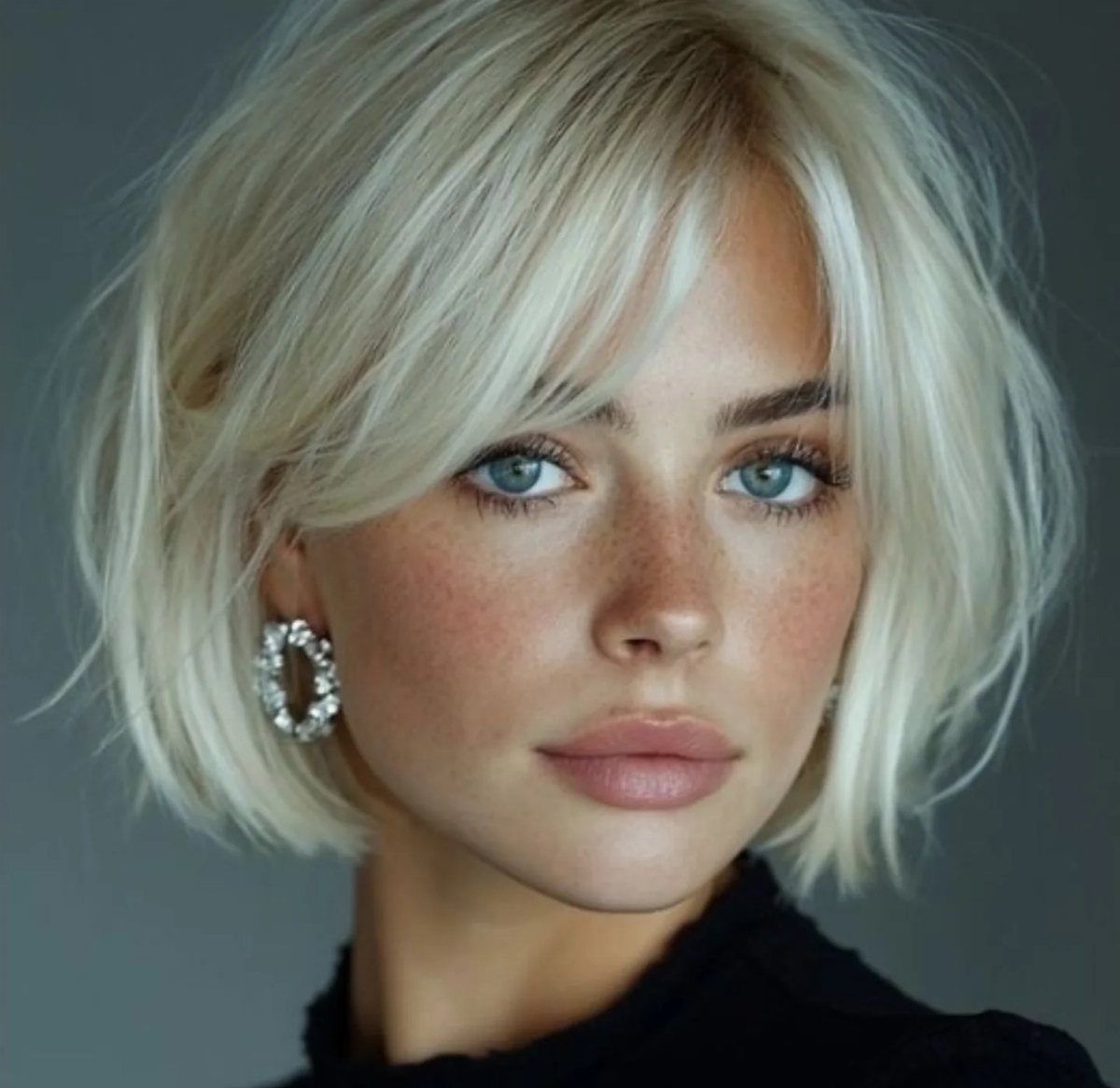 Woman with a chin-length blonde bob and wispy side-swept fringe