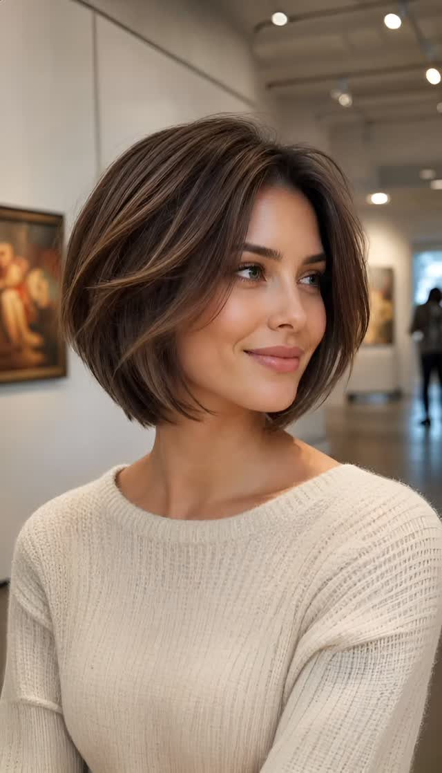 Woman showing a short layered brown bob with a side part