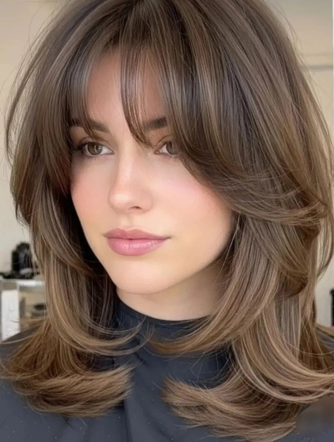 Woman with long layered brown haircut and curtain bangs framing her face
