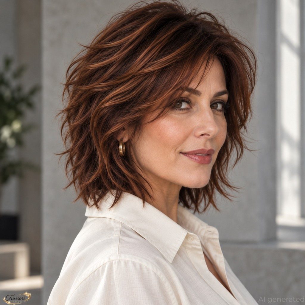 Woman wearing a tousled, layered brunette shag with loose fringe