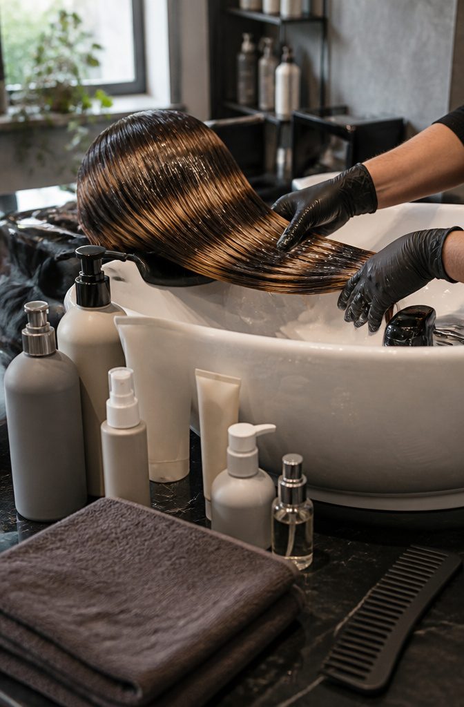 Colored striped hair at salon station with haircare bottles