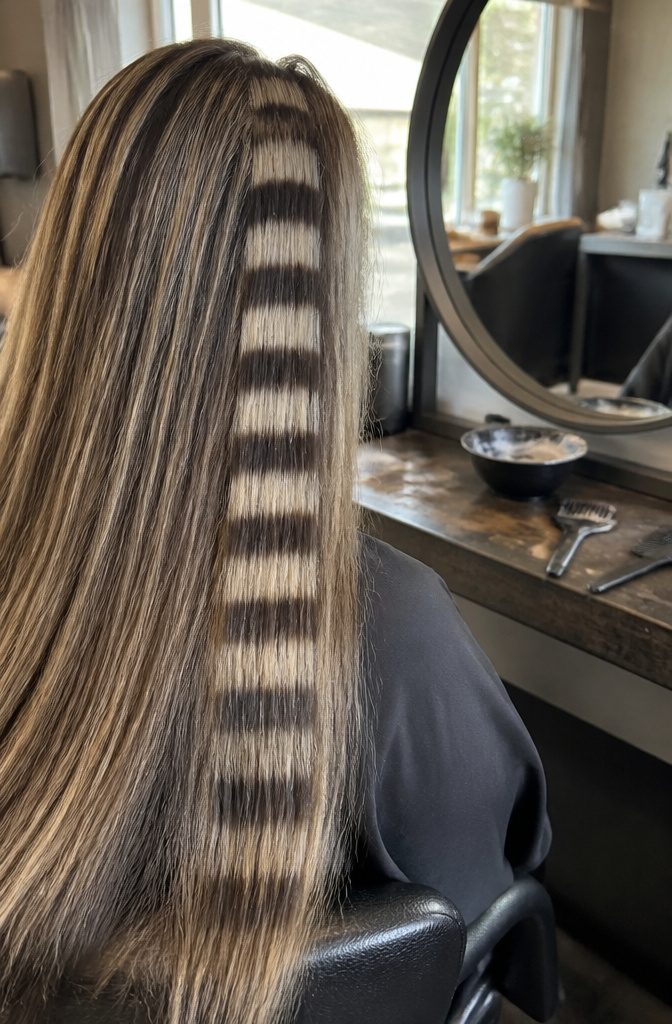 Hair panel painted with horizontal black and white stripes