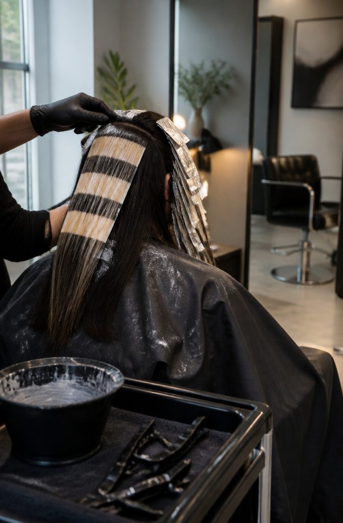 Colorist placing pale horizontal bands with foils on dark hair