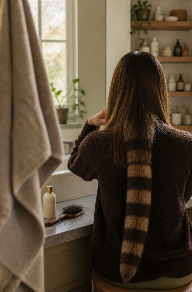 Faded raccoon stripes beside bathroom mirror with softened color