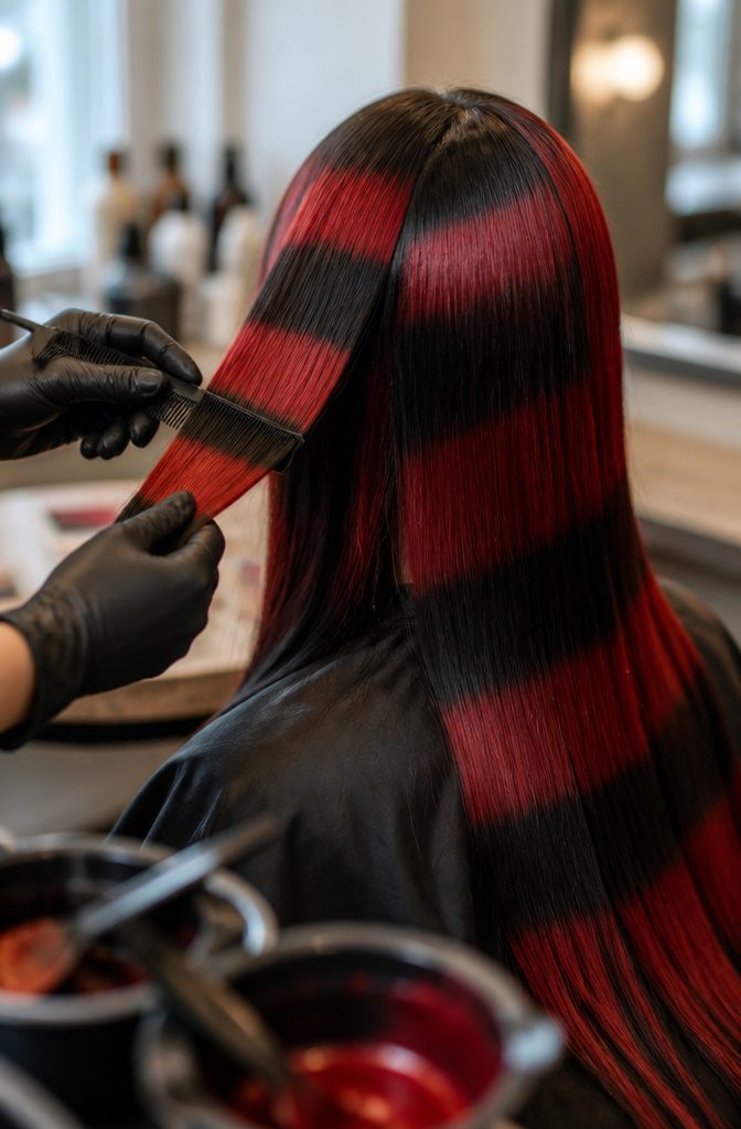 Hairstylist preparing bold colored stripes in a salon setting