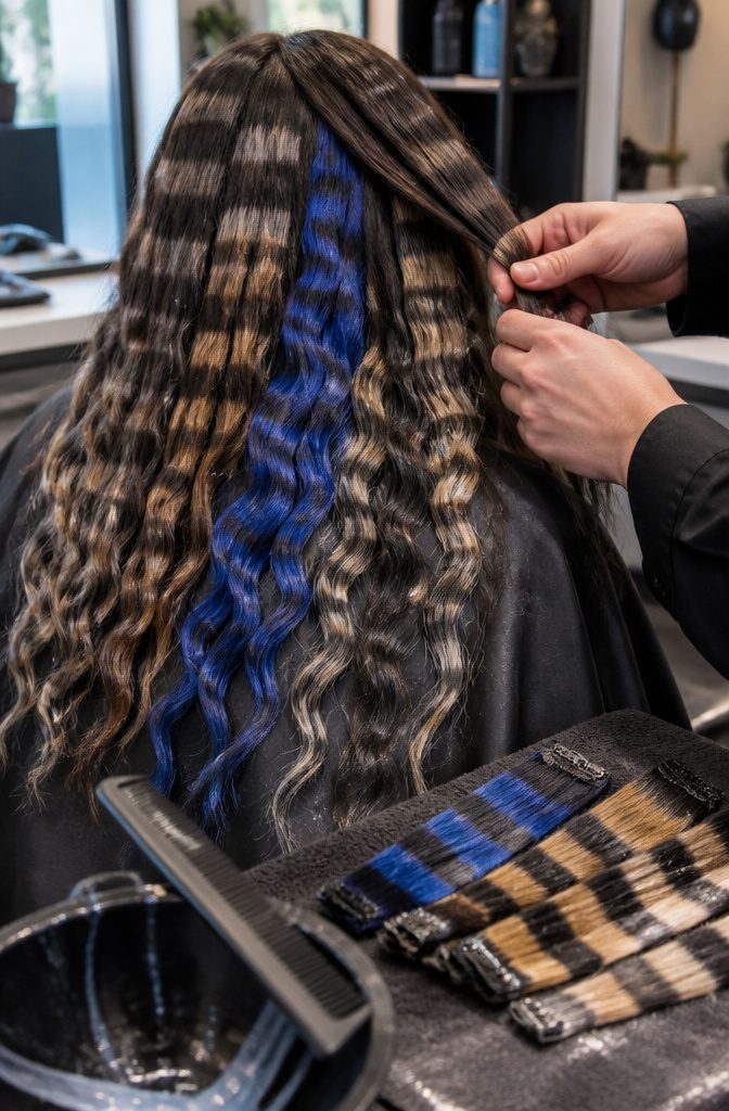 Hair styled with horizontal bands of contrasting color through the lengths