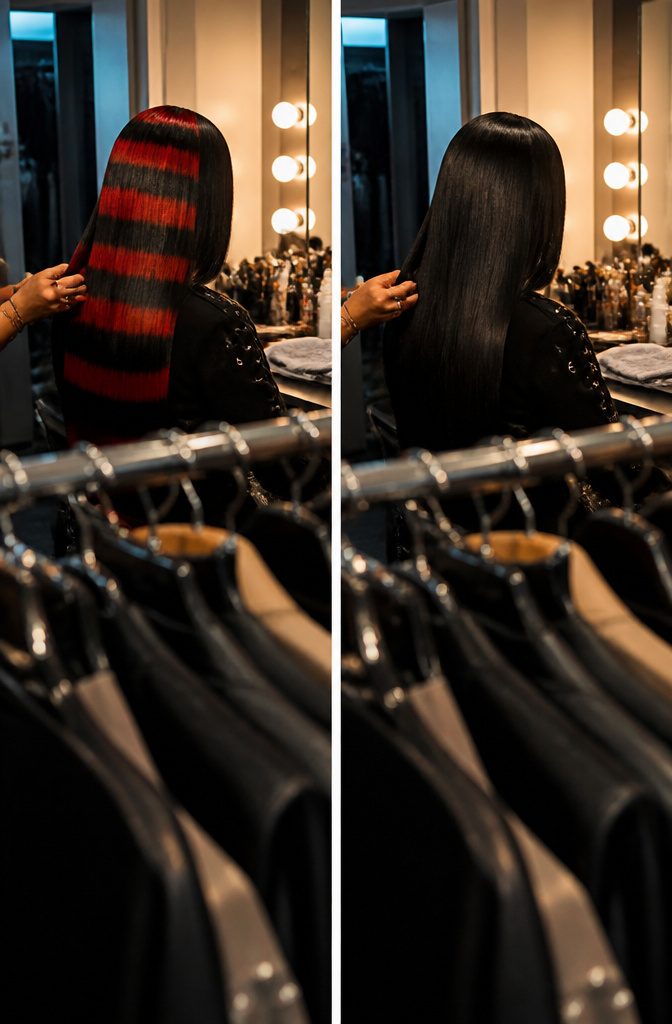 Pop-punk inspired hair with bold black and red horizontal stripes