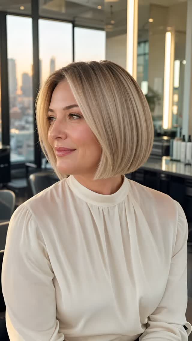 Woman with a smooth chin-length blonde bob seated in a bright salon