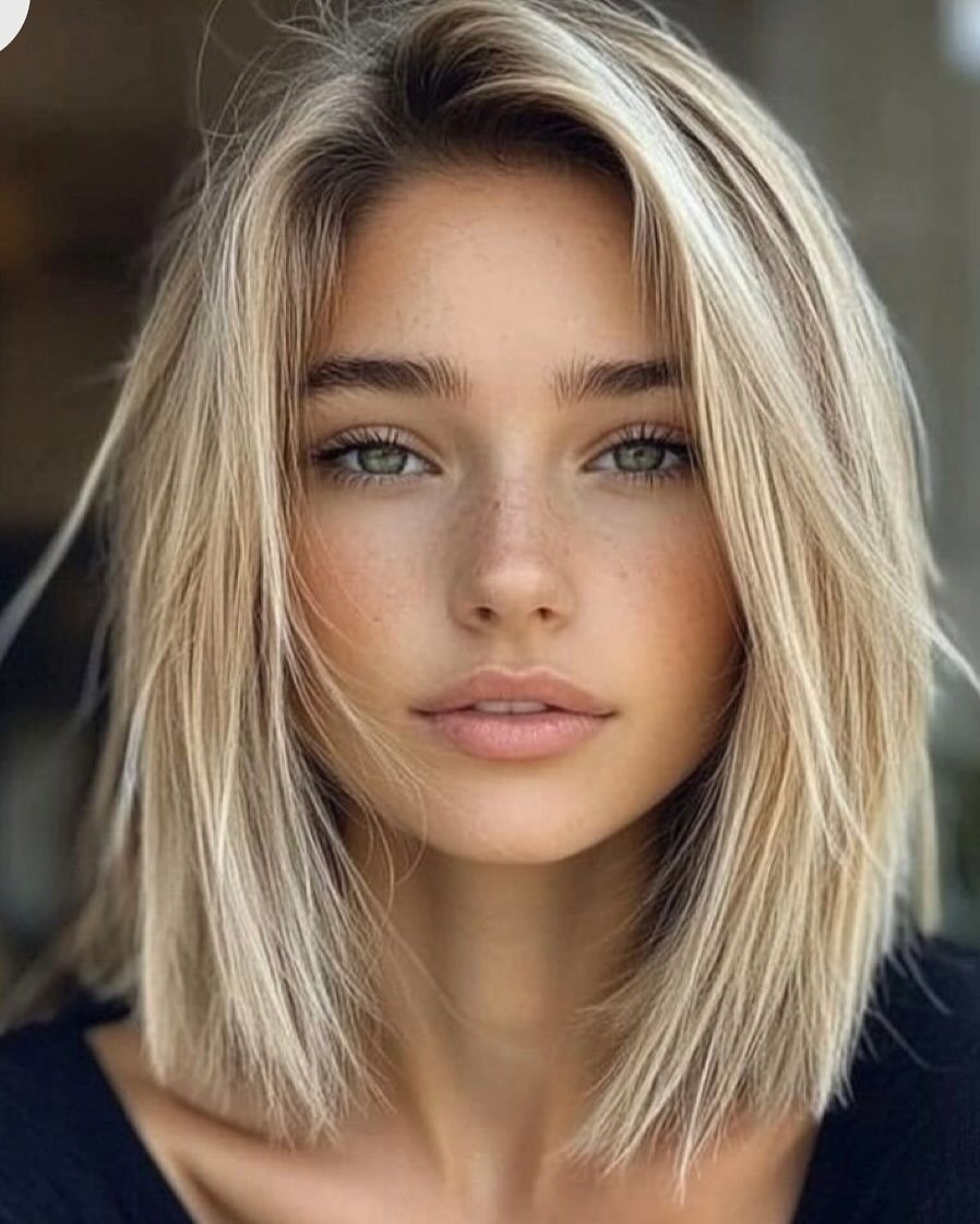 Woman with shoulder-length blonde hair wearing a softly parted long bob
