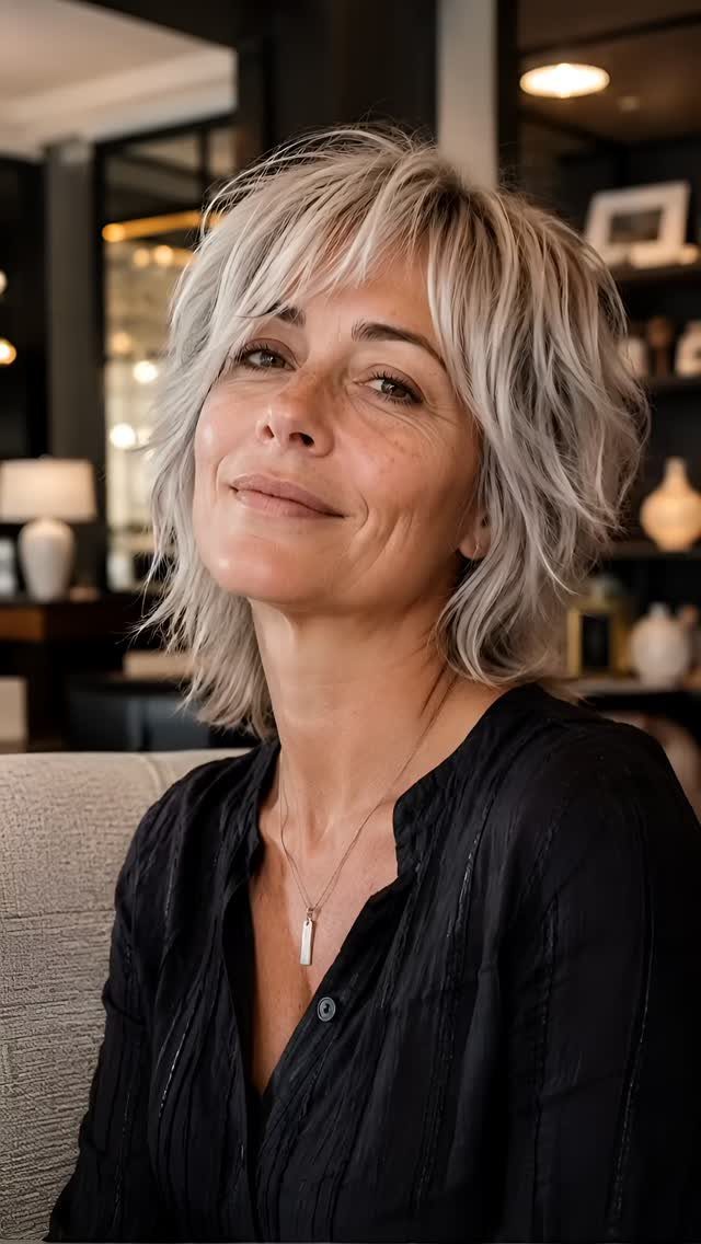 Woman with a short silver-blonde shag, wispy layers, and feathered bangs