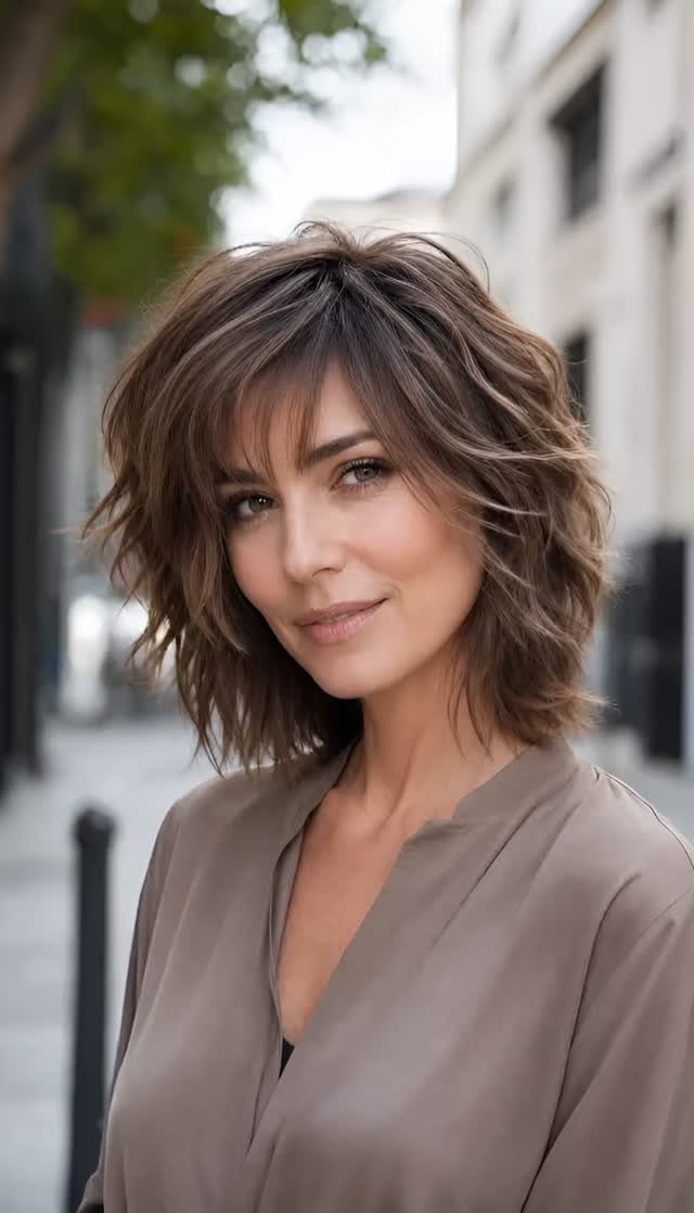 Woman models a short layered brown shag with wispy bangs on a city sidewalk