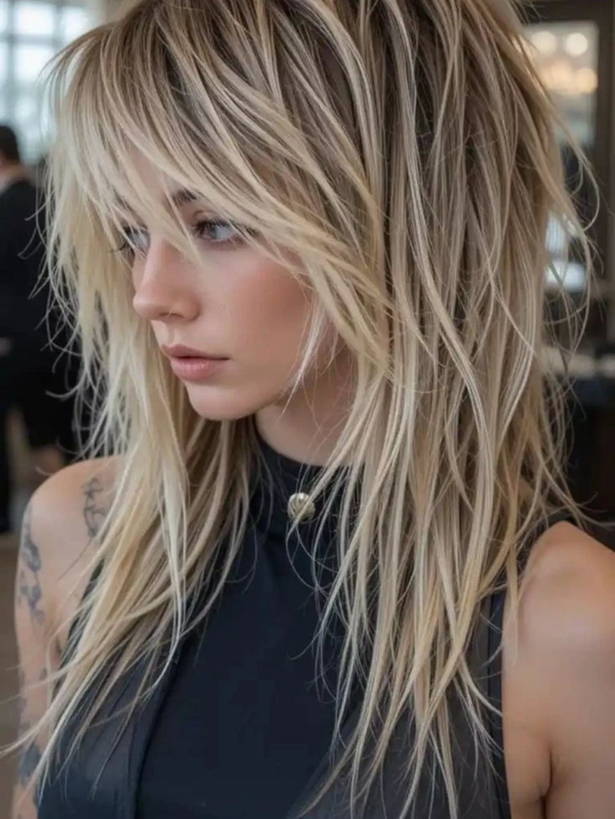 Woman with long tousled blonde layers and wispy bangs in a black top