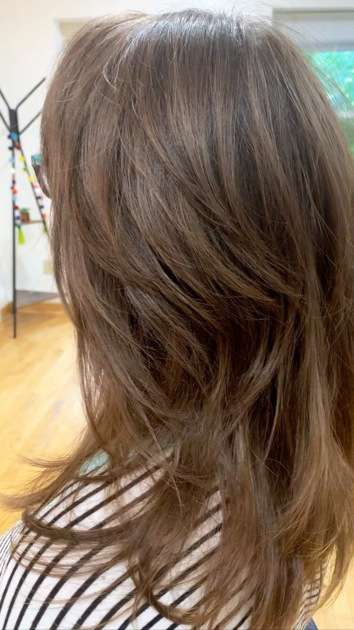 Thick brown long shag haircut with layered, feathered ends shown from the back
