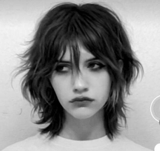 Person wearing a dark, layered chin-length shag with long bangs